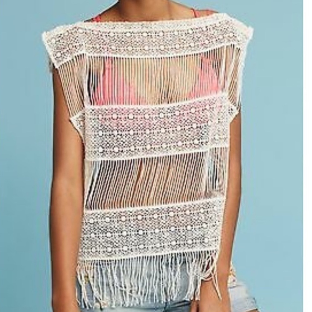 Callahan X Anthropologie Inez Crochet Fringe Boho Loose Knit Swim Cover Top Boho